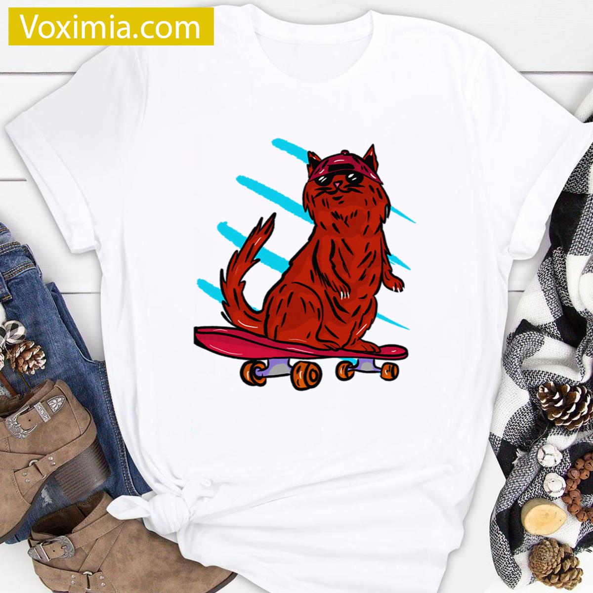 Red Cat On Skateboard T-shirt