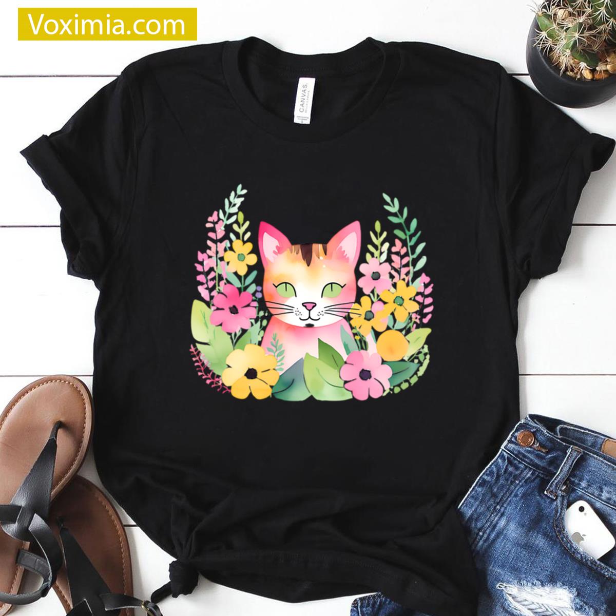 Watercolor Pink Cat Animal Lovers T-shirt