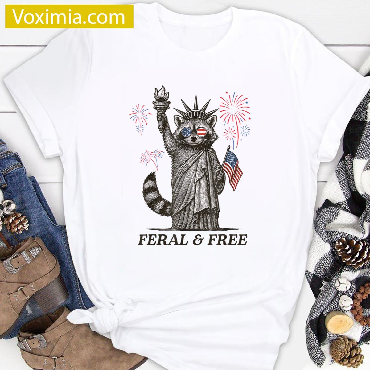 Feral Free Patriotic Raccoon Fireworks T-shirt