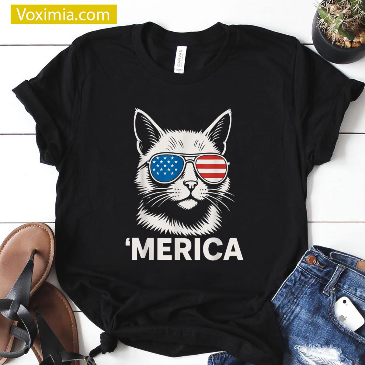 Patriotic Cat With Sunglasses T-shirt