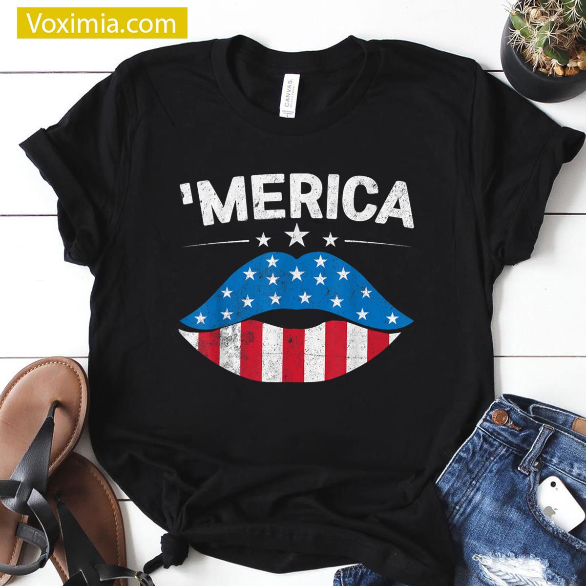 Patriotic Us Flag Lips July T-shirt