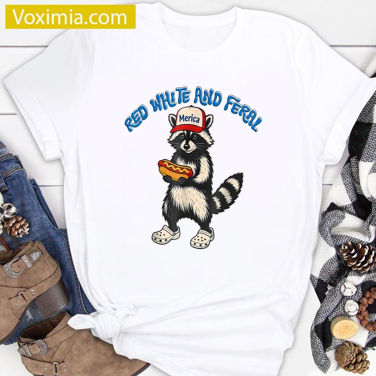 Red White And Feral Funny Raccoon T-shirt