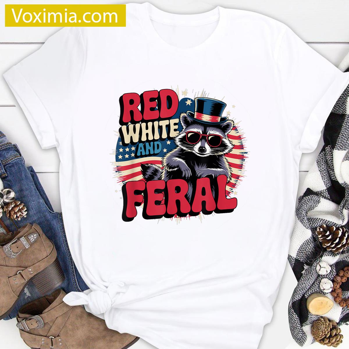Red White And Feral Raccoon Patriotic T-shirt
