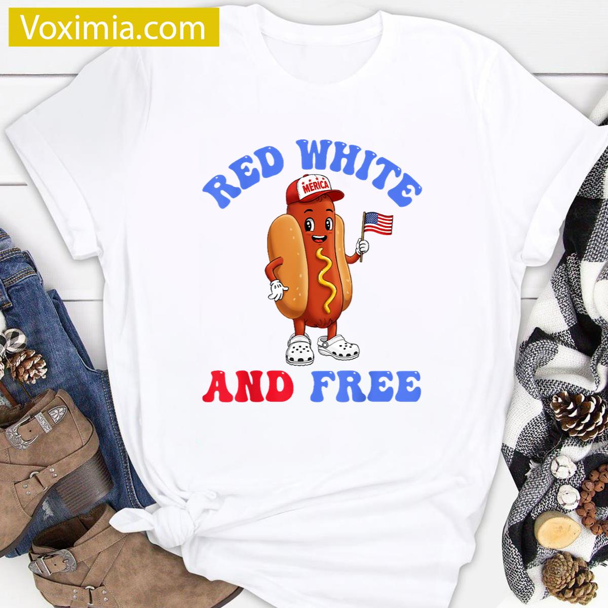 Red White And Free Patriotic Hotdog T-shirt