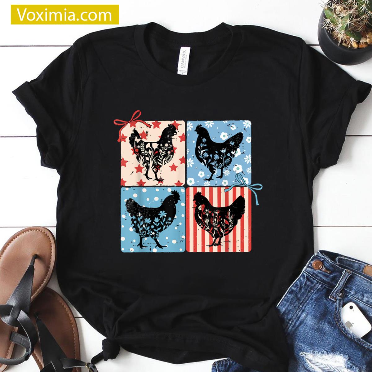 Retro Floral Chicken Independence Day T-shirt