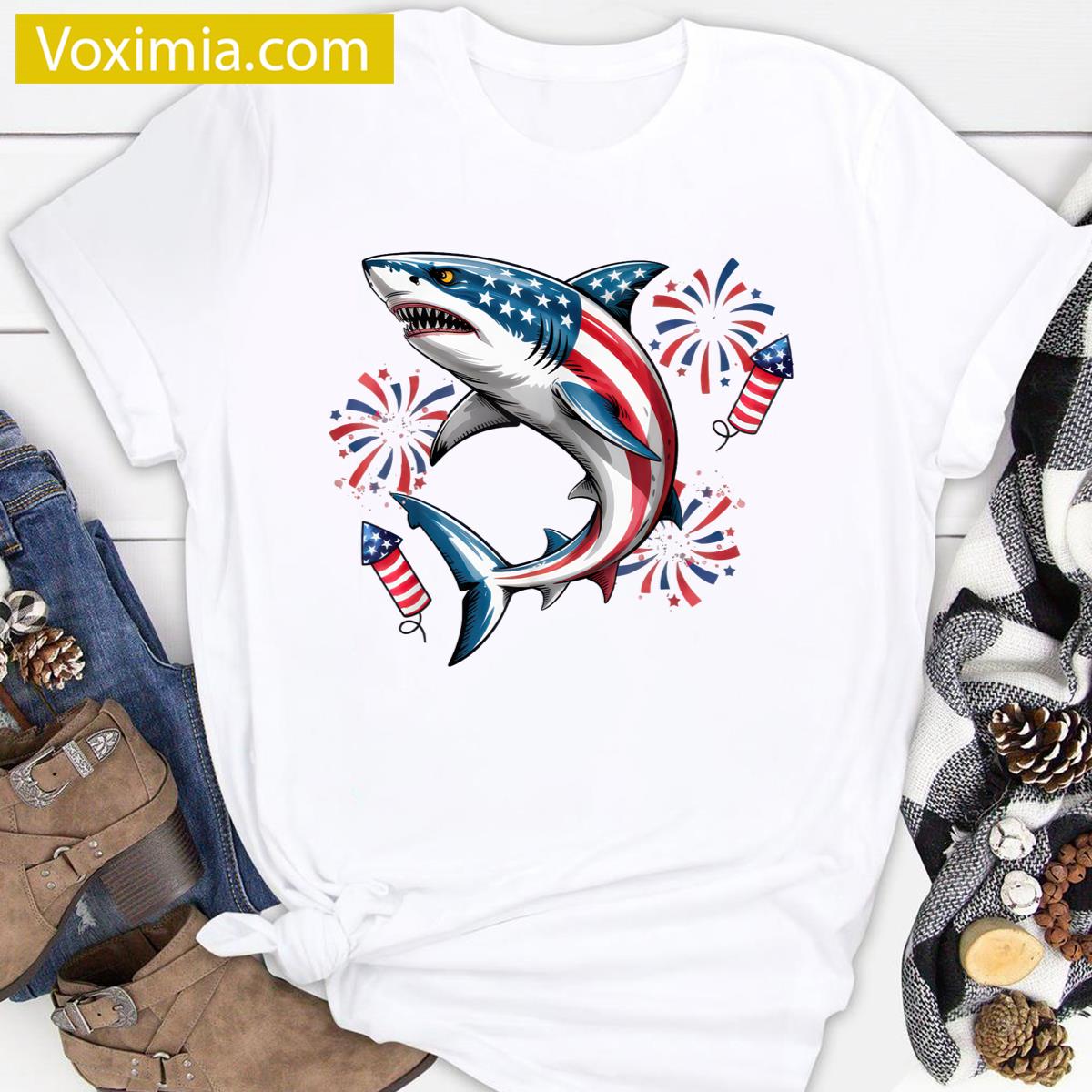 Shark Usa Flag Kids T-shirt