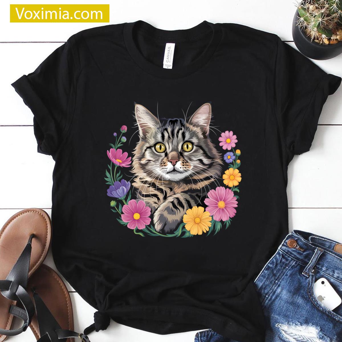 Cat Floral Graphic T-shirt