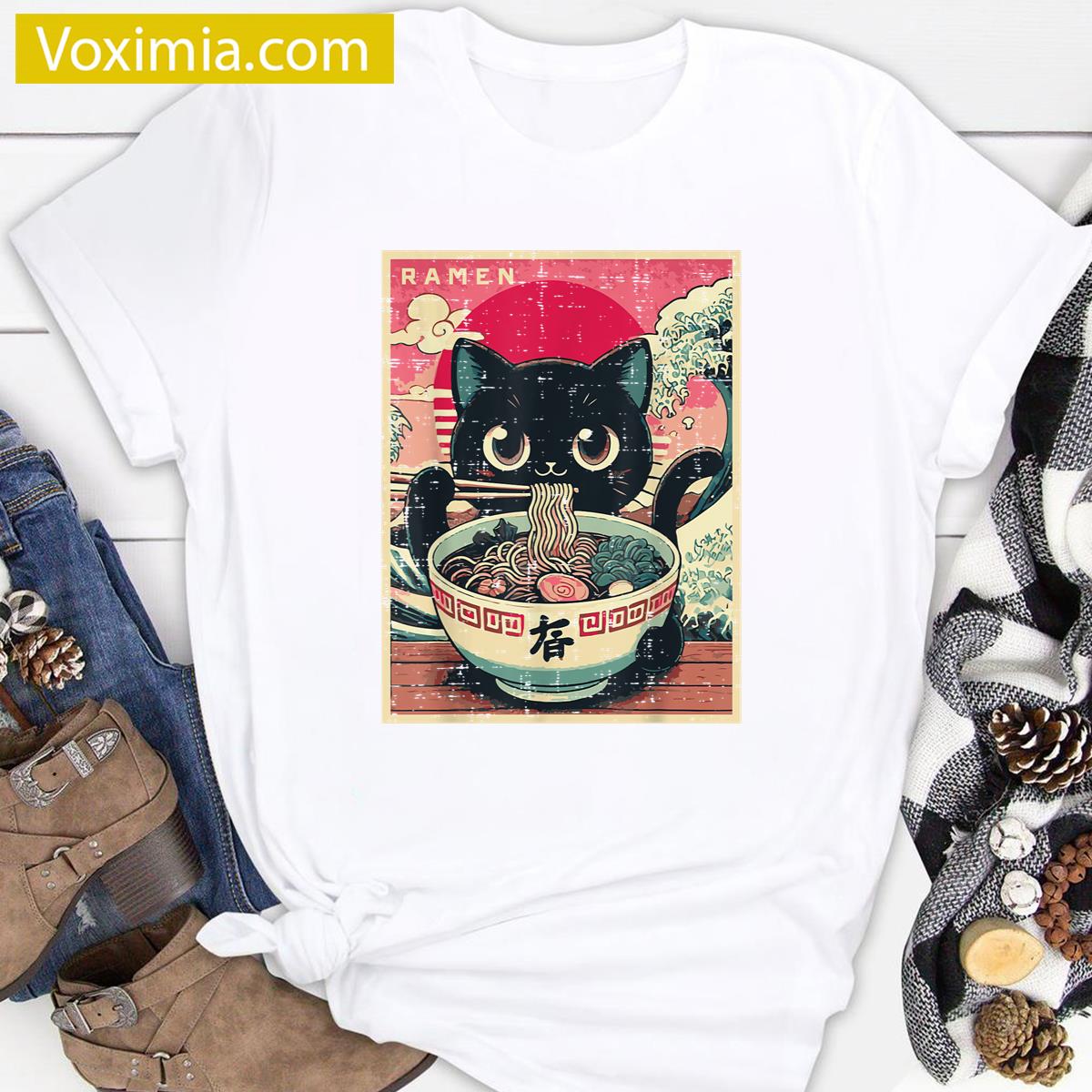 Japanese Anime Cat Ramen Cute T-shirt