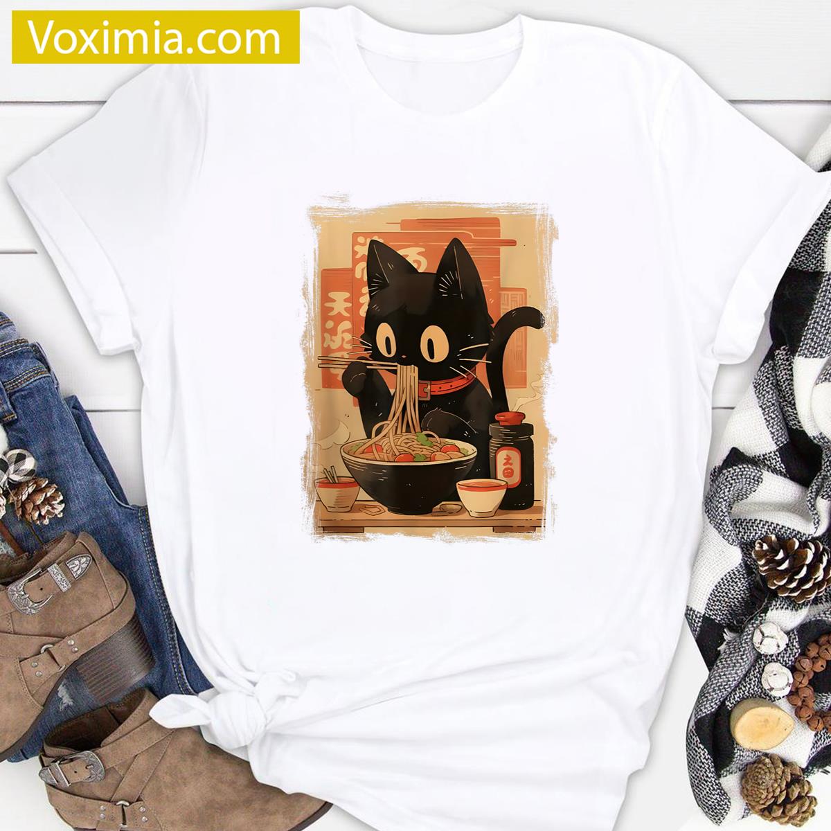 Kawaii Black Cat Artwork T-shirt